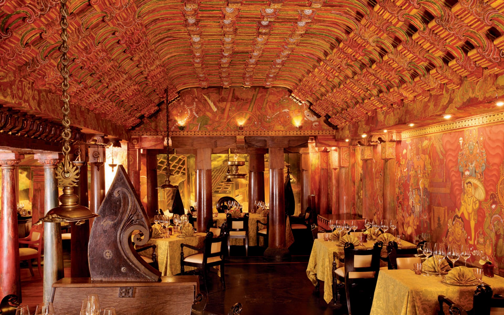 The Spice Route has golden walls and opulent decor.