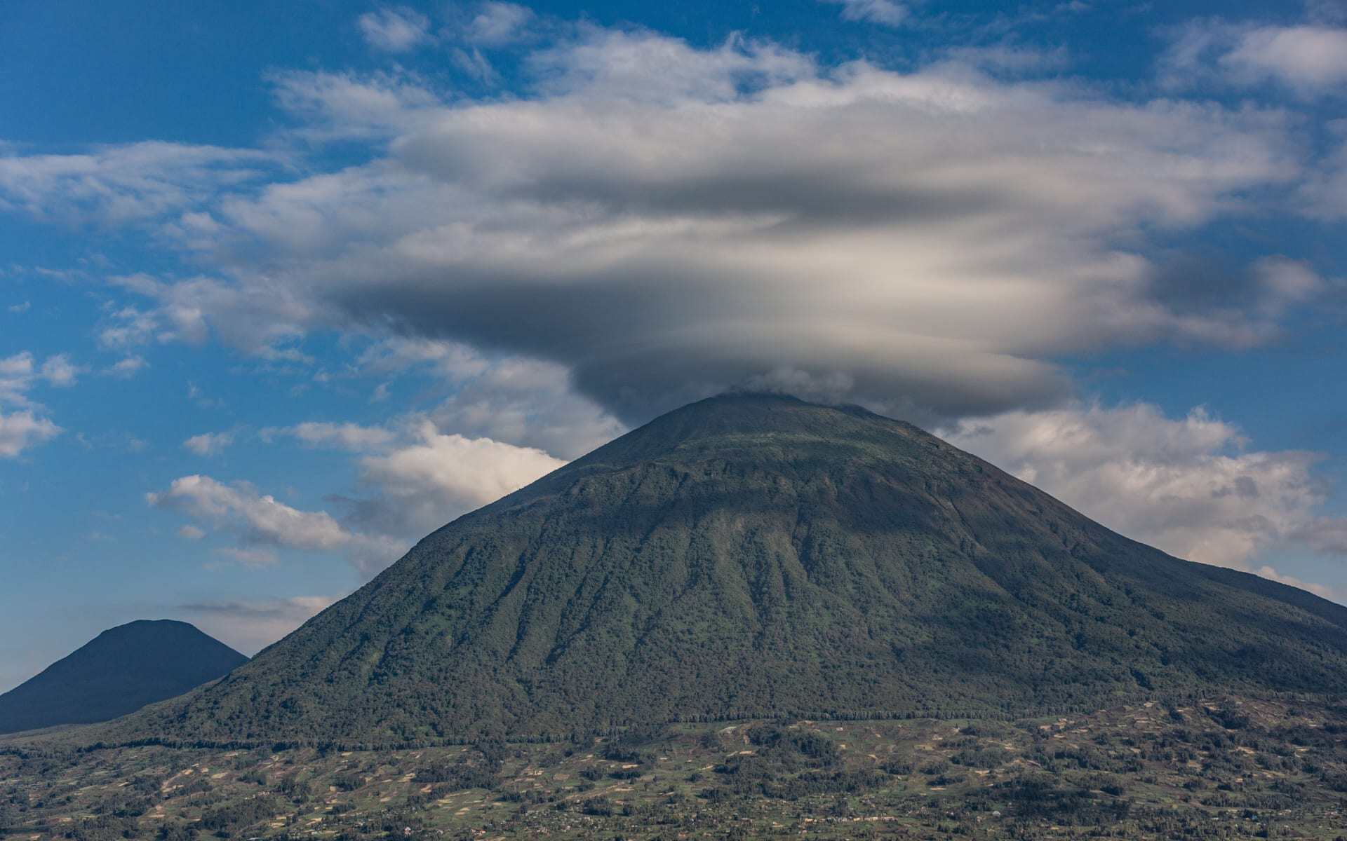 Virunga Lodge overlooks the Virunga Volcanoes in Rwanda.