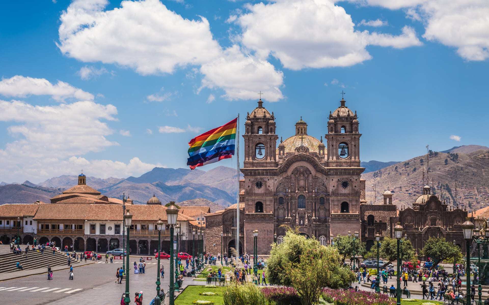 Plaza de Armas in Cusco, Peru, has grand, colonial buildings.