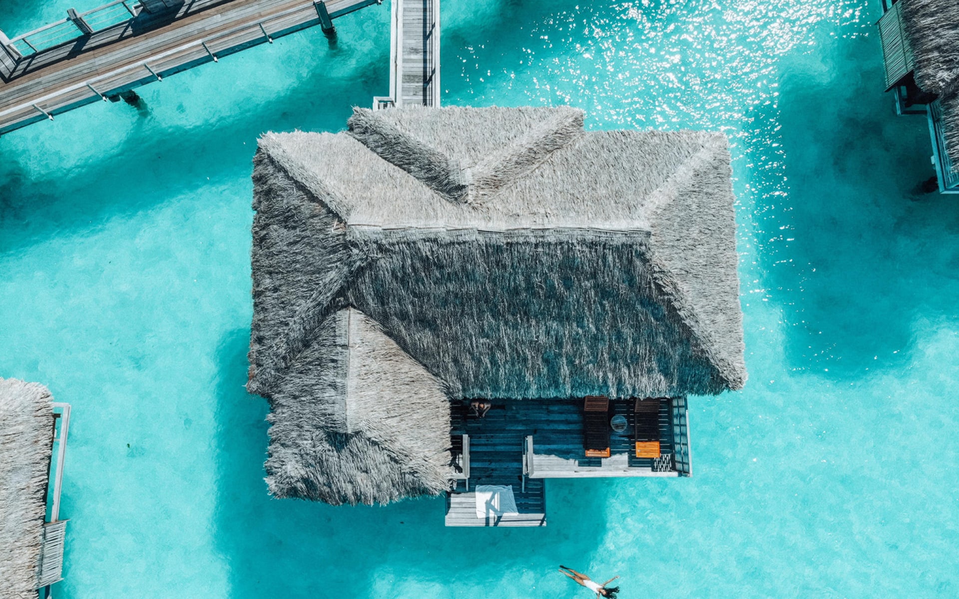 Ariel view of overwater bungalow