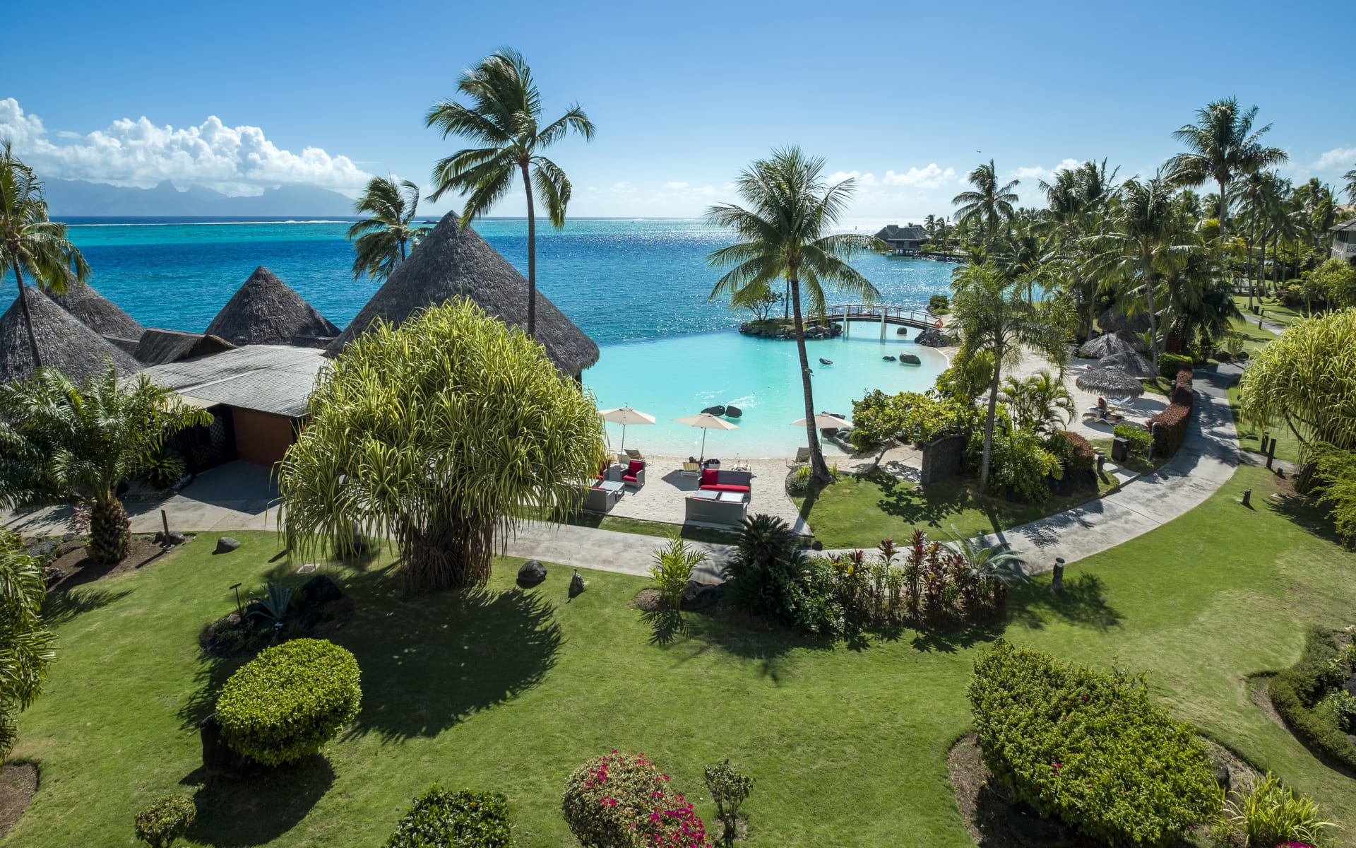 The garden has a meandering path overlooking a swimming pool and sea. 
