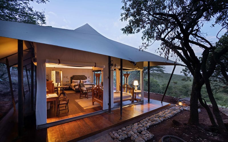 The Kudu Double Tent in Cottar's Camp has canvas walls and a comfy double bed.