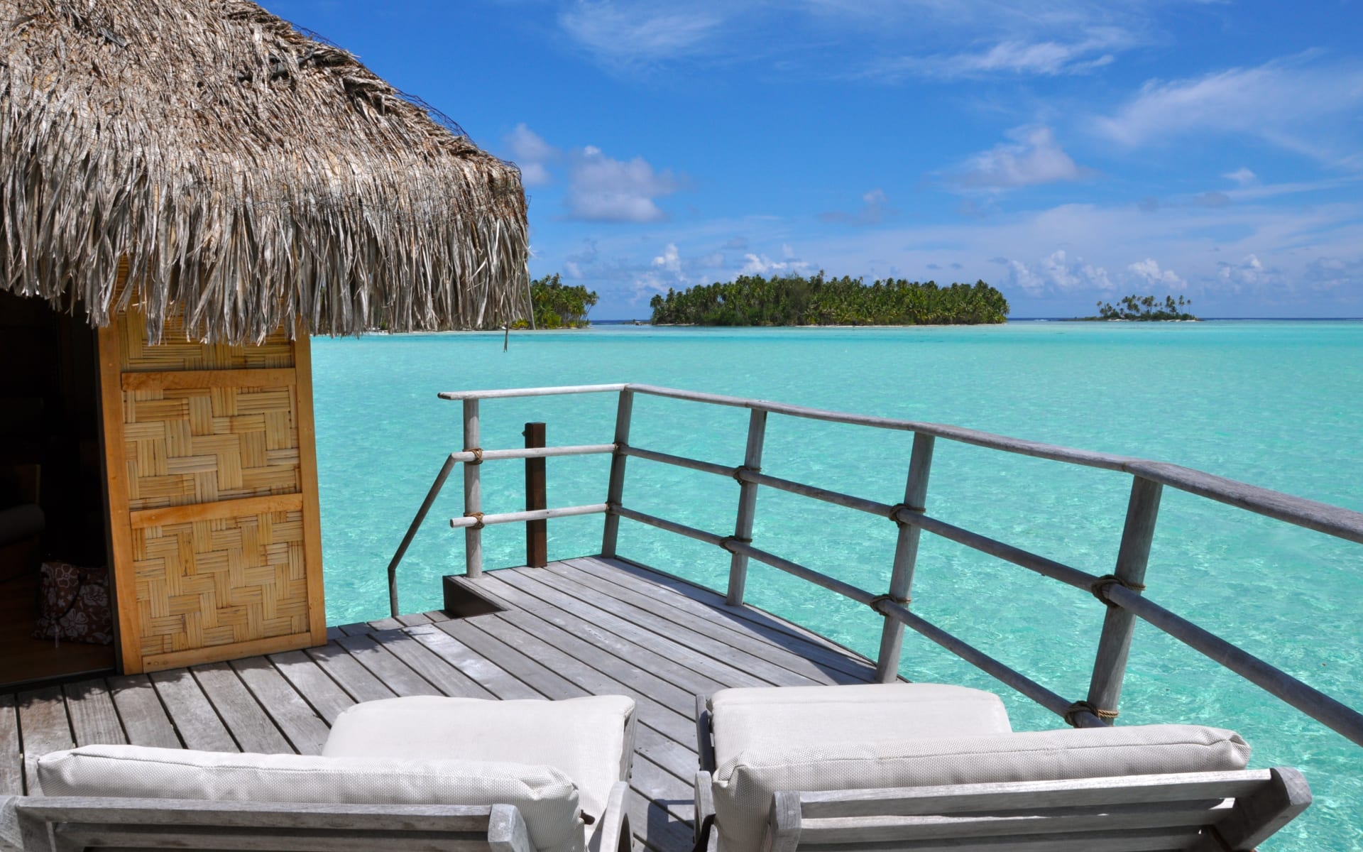 lounge chairs looking over blue ocean