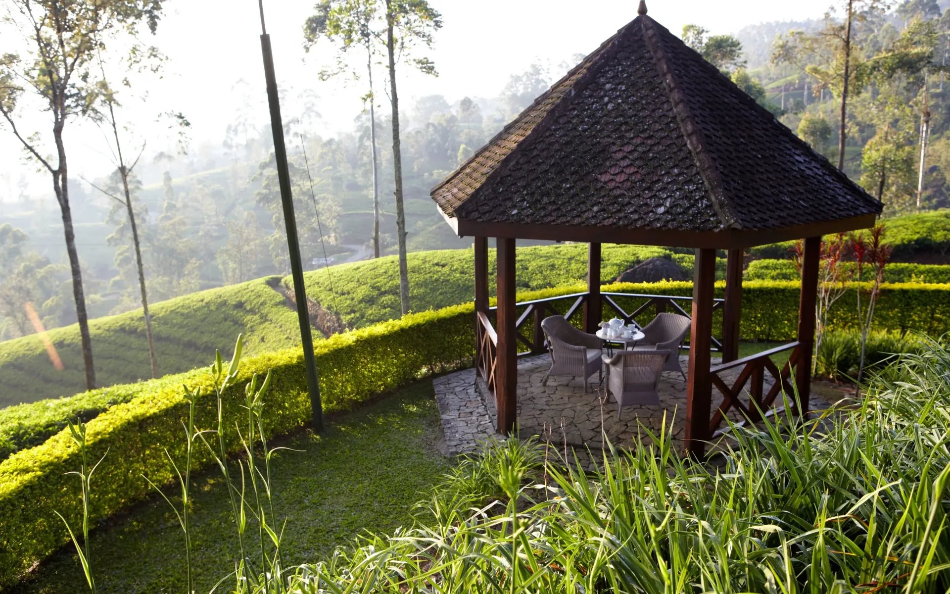 The summer house at Norwood Bungalow, overlooking the tea valleys of Hatton.