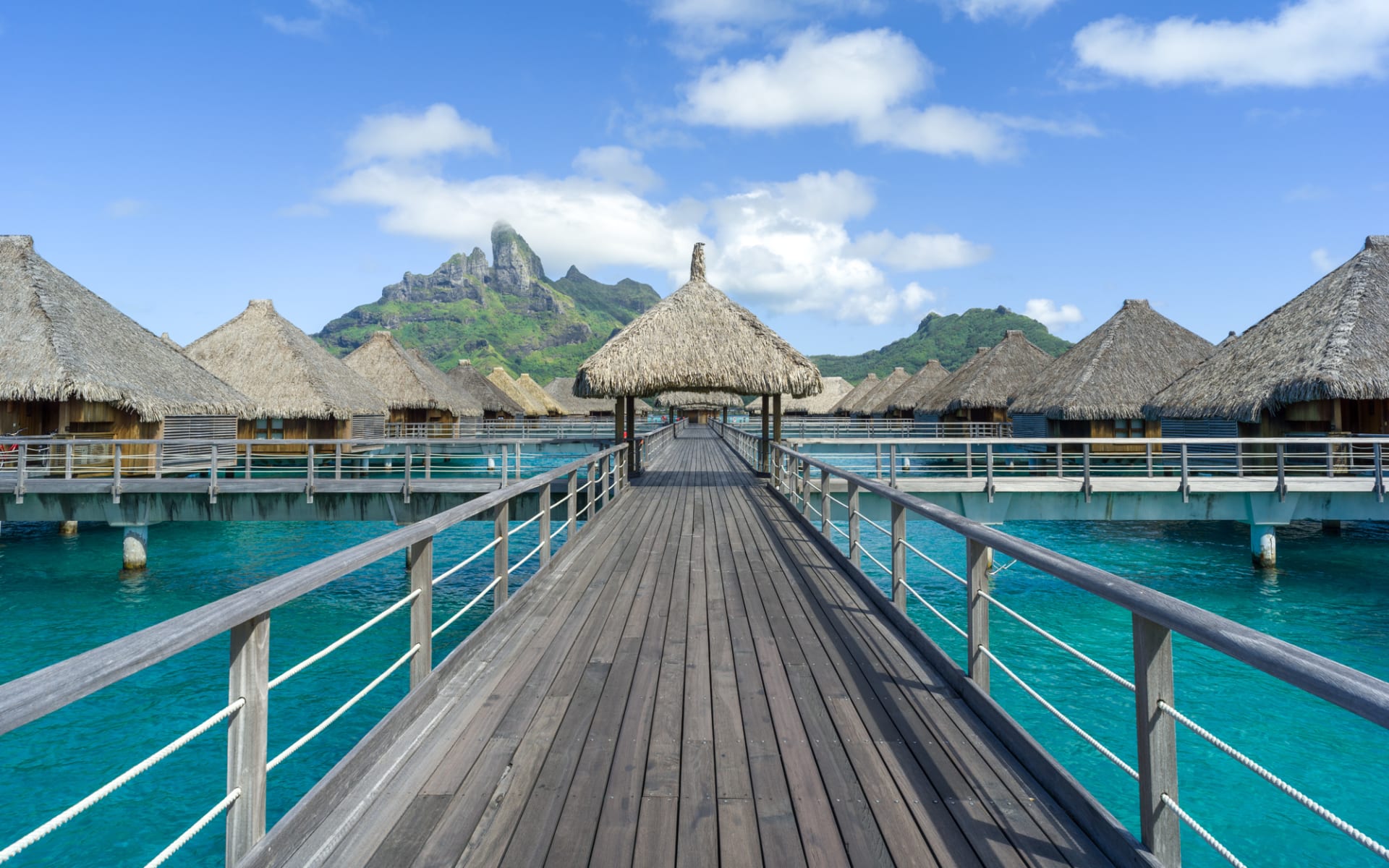 Along pontoon will thatched roofed bungalows overwater