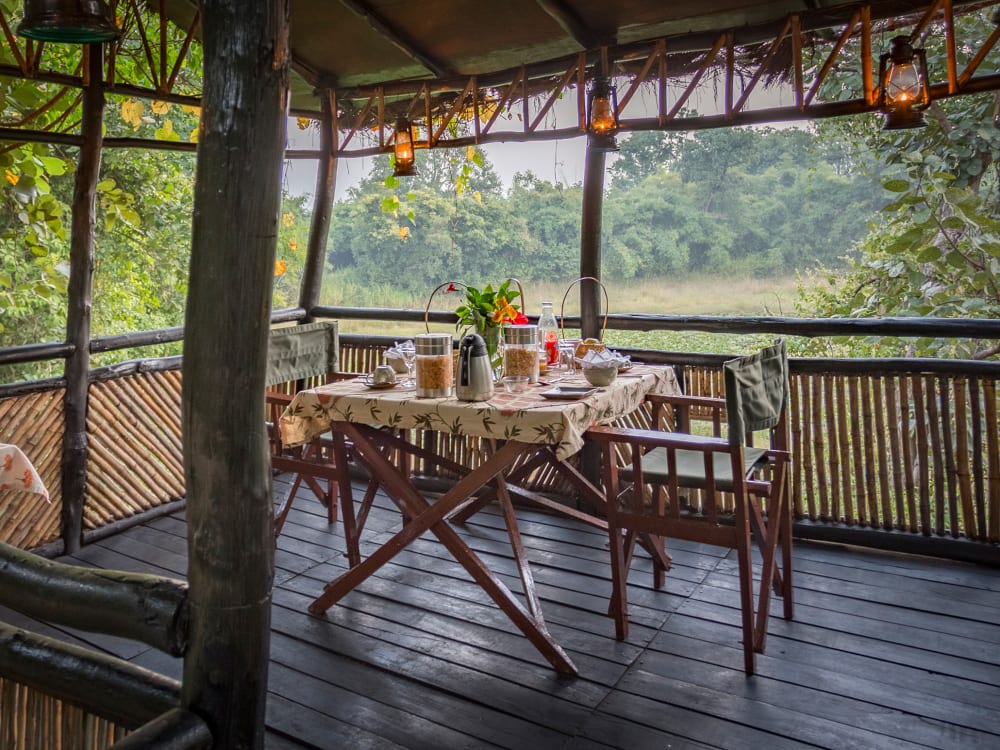 Breakfast laid out on a table on the balcony 