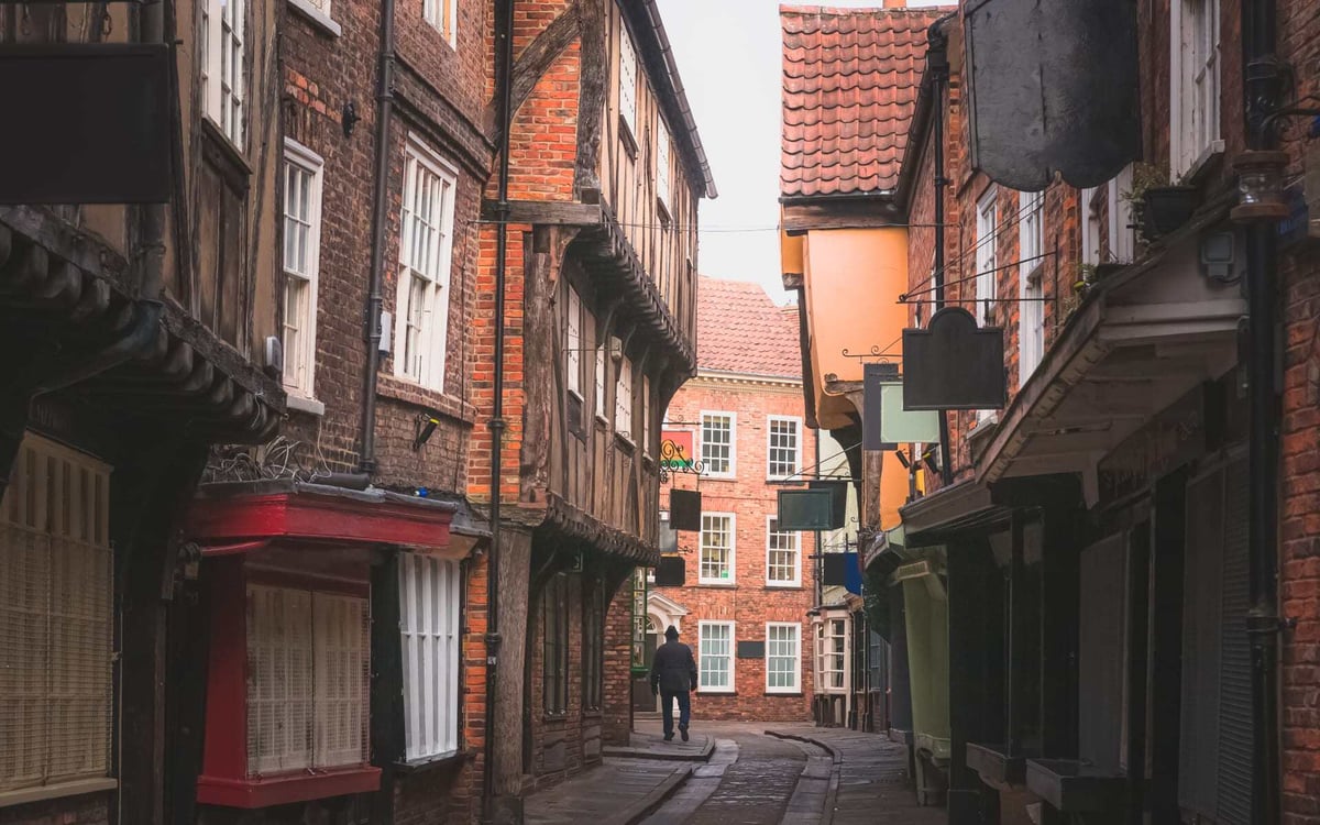 The Shambles is a narrow street lined by wonky houses in York.