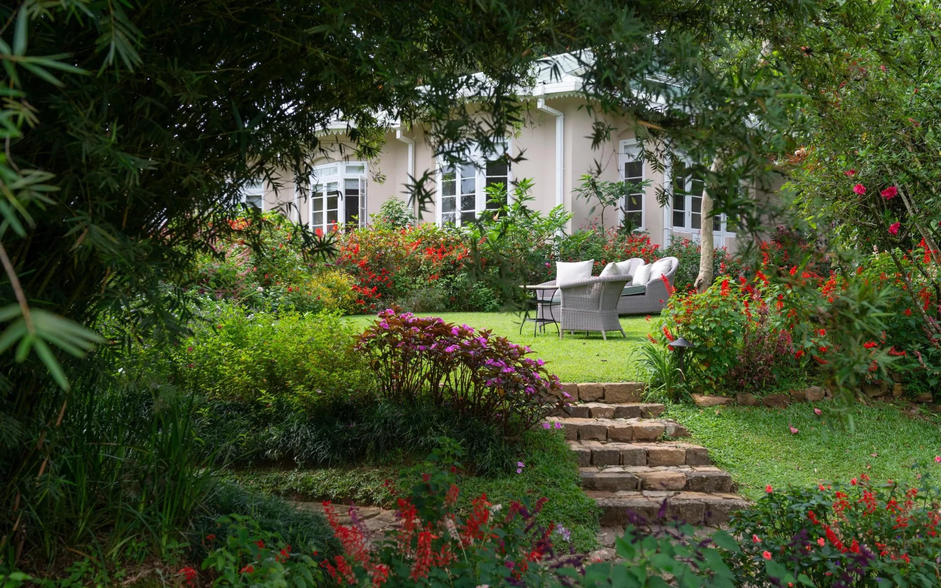The gardens at Castlereagh Bungalow are draped in delicate flowers. A table and chair perches in the centre.