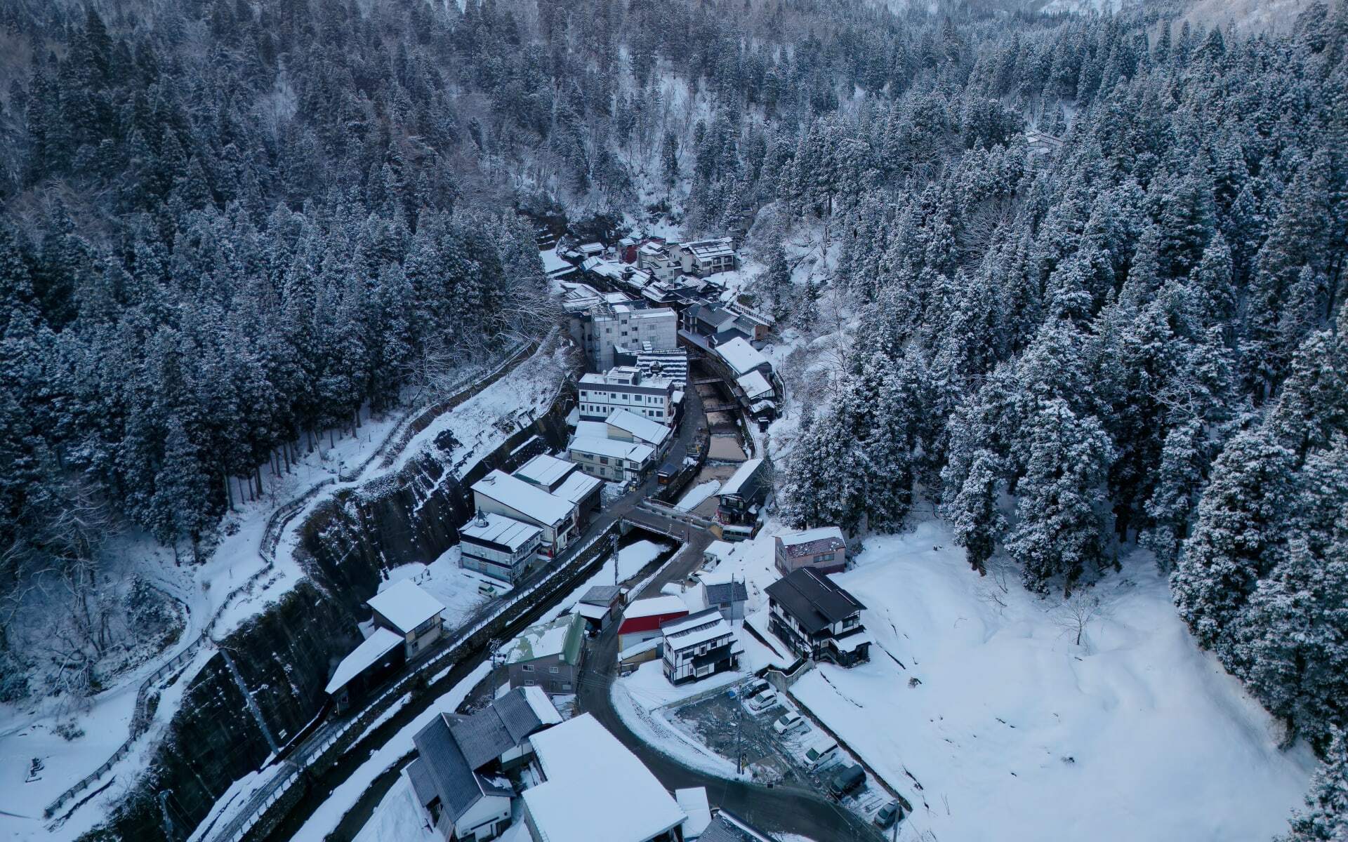 Ginzan Onsen in the snowy mountains in Japan