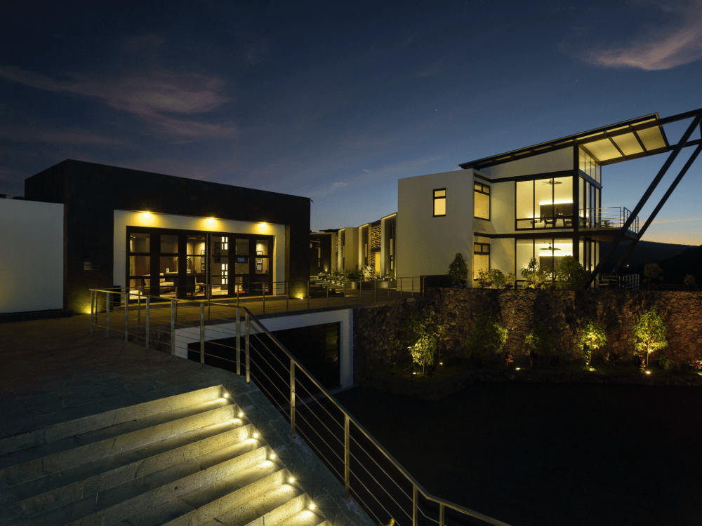 Pikaia Lodge exterior at night