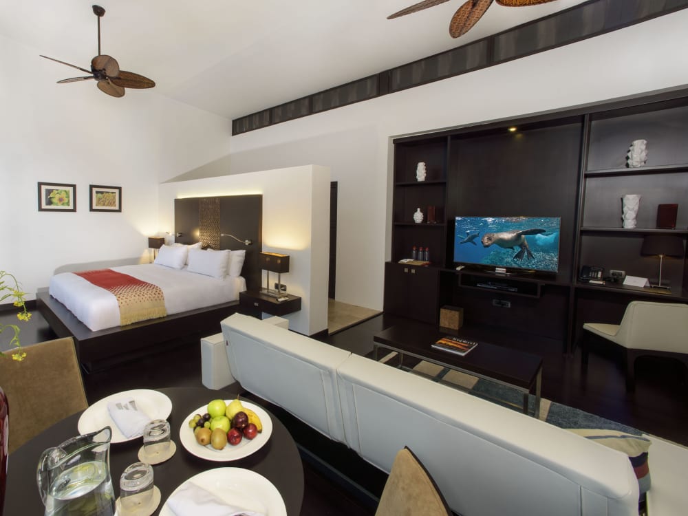 Pikaia Lodge bedroom with a double bed and living room