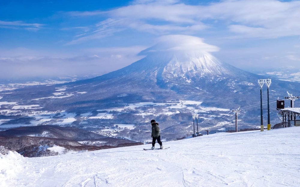 A man skis in Niseko, Japan, during winter.