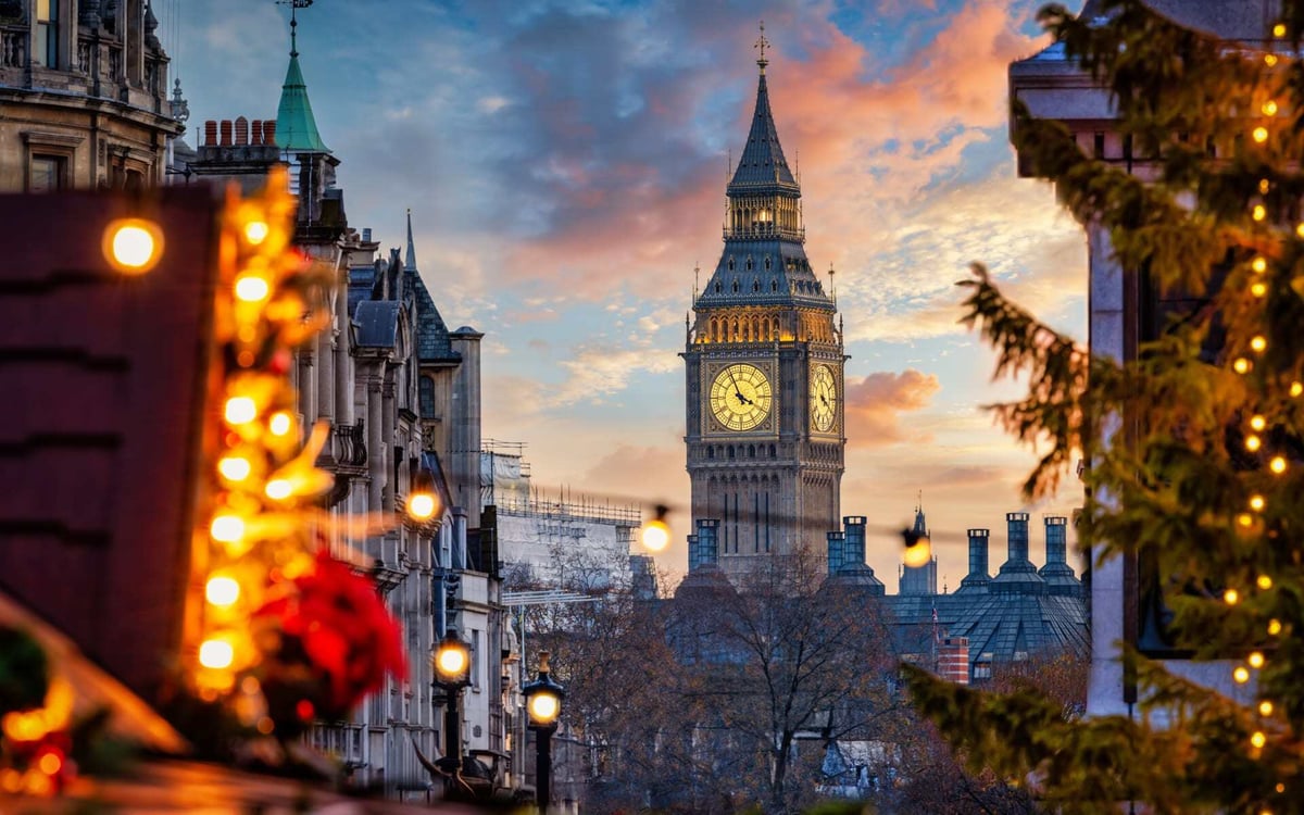 Big Ben glows during an early sunset in London at Christmas.