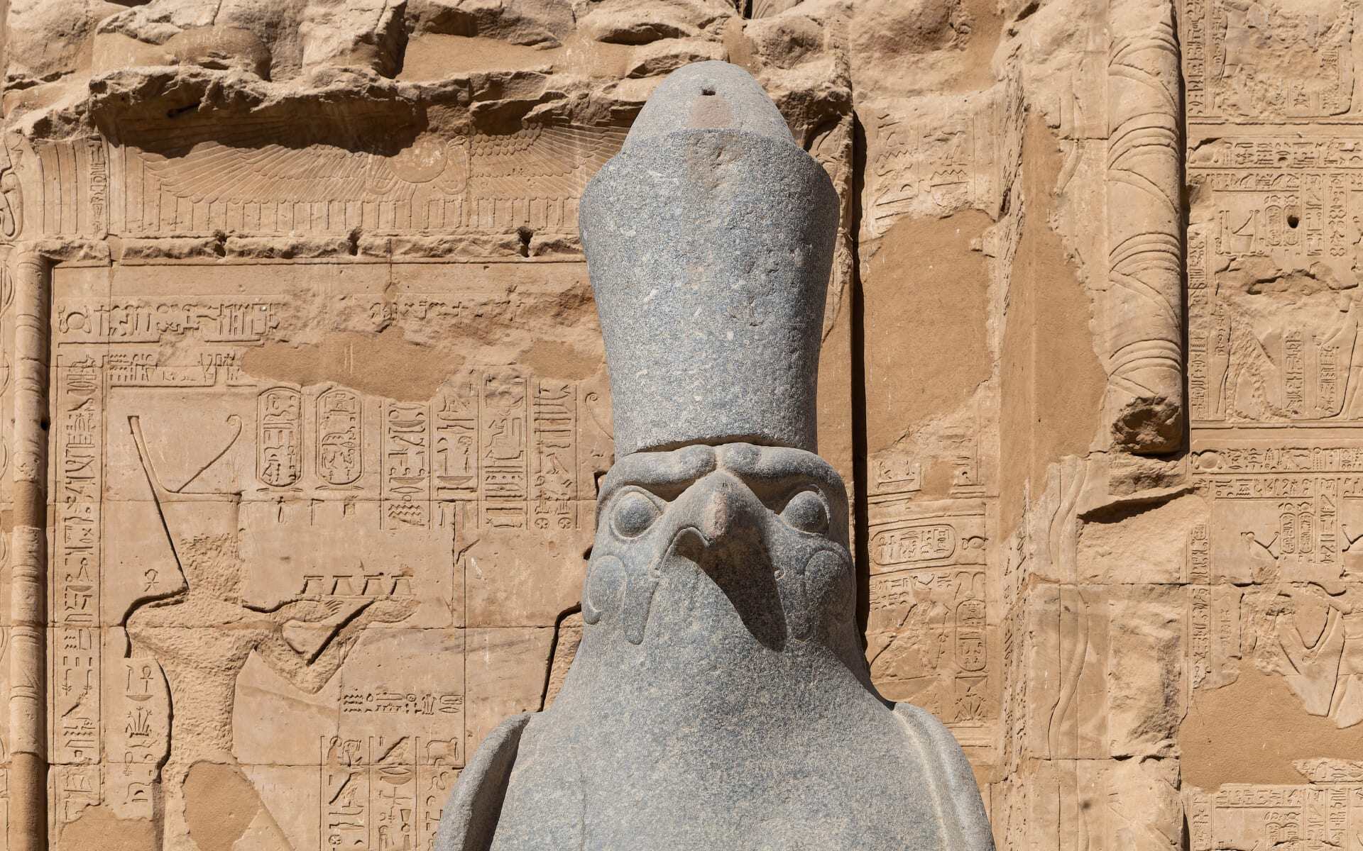 Edfu Temple in Egypt has many statues of ancient gods and goddesses.
