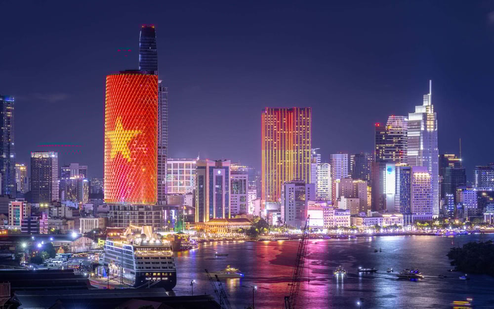 Ho Chi Minh city is brightly lit in Vietnam.
