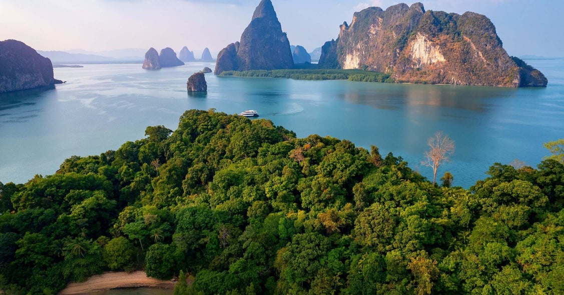 The Phang Nga River in Thailand has mangrove jungles and islets.