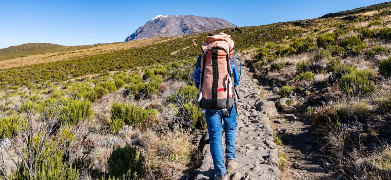 A tourist walks along a path in Tanzania with a backpack.