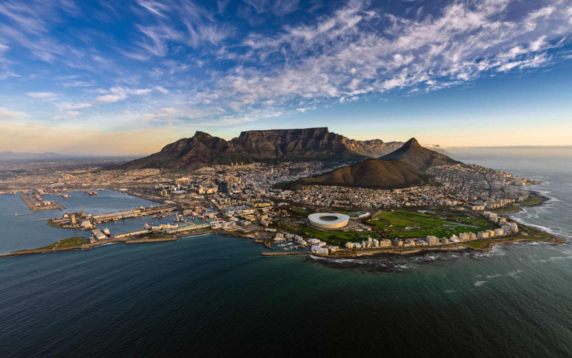 Cape Town is on the coast of South Africa, facing the diamond blue sea.