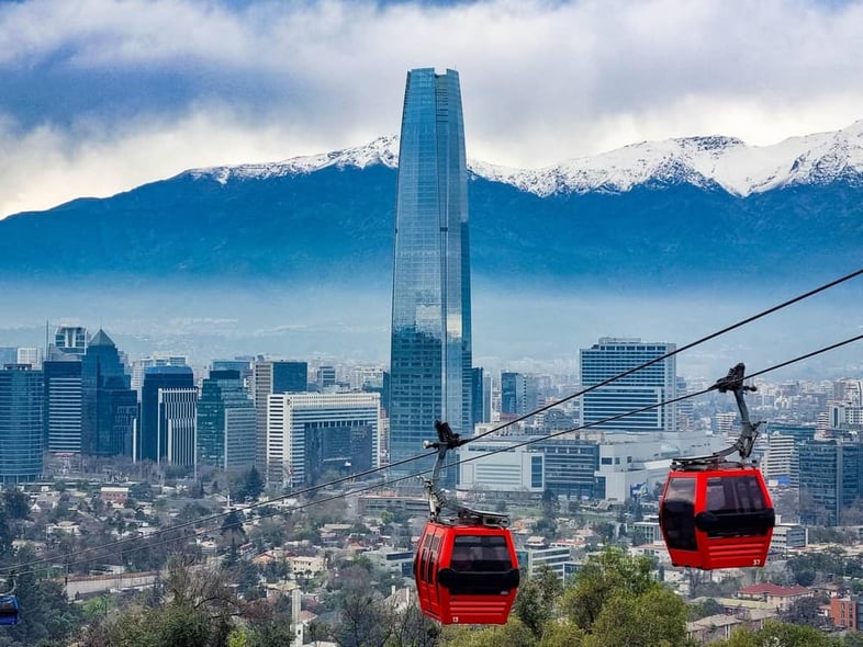 Metropolitan Park cable car and the city of Santiado